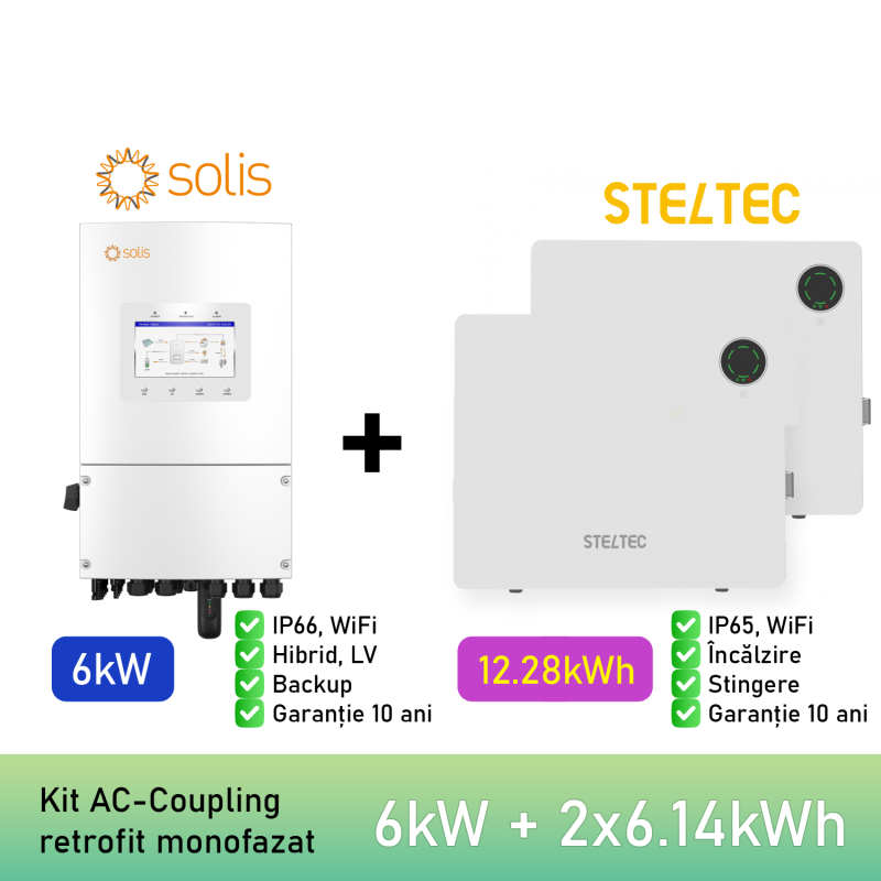 KIT 6 kW + 12,28 kWh Solis invertor monofazat, baterie LiFePO4 STELTEC