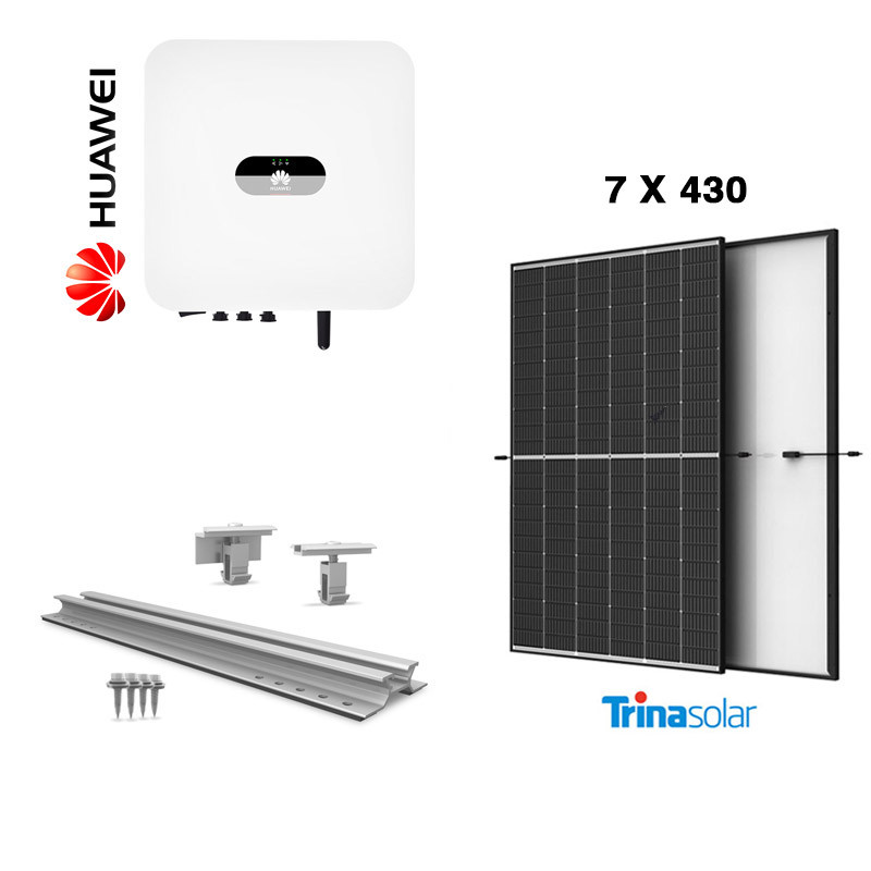 [KIT 3 kW Huawei] Sistem fotovoltaic monofazat on-grid hibrid cu 7 panouri Trina Solar 430 W