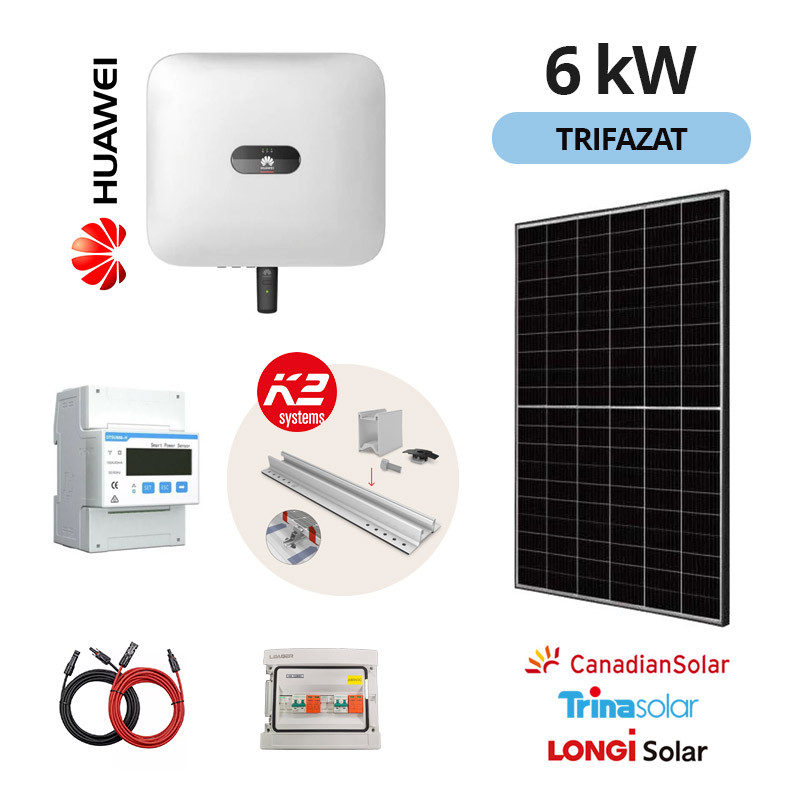 KIT 6 kW, Sistem Fotovoltaic Trifazat, Invertor Hibrid Huawei, Panouri Premium